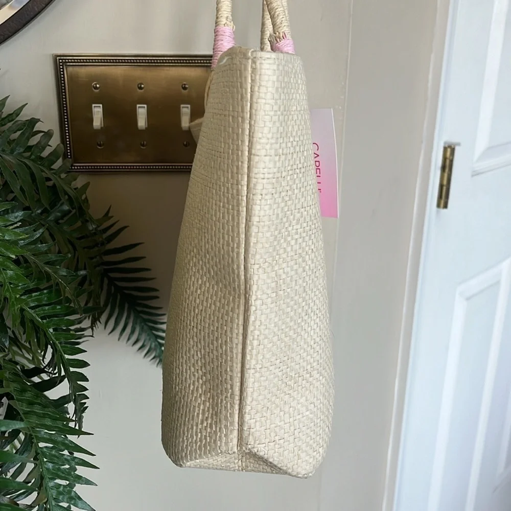 Brand New Capelli Straw Shoulder Bag Sequined Pink Heart Tote Snap Close Natural